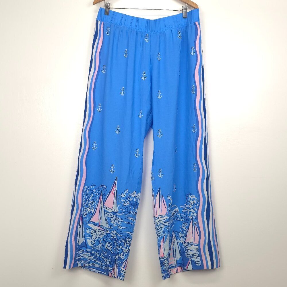 NWOT Lilly Pulitzer Bal Harbour Palazzo Blue A Lil Nauti Engineered Pants XXL - Picture 2 of 12